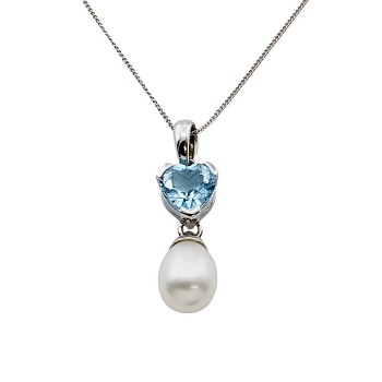 9ct White Gold B.topaz/Pearl Pendant with Chain